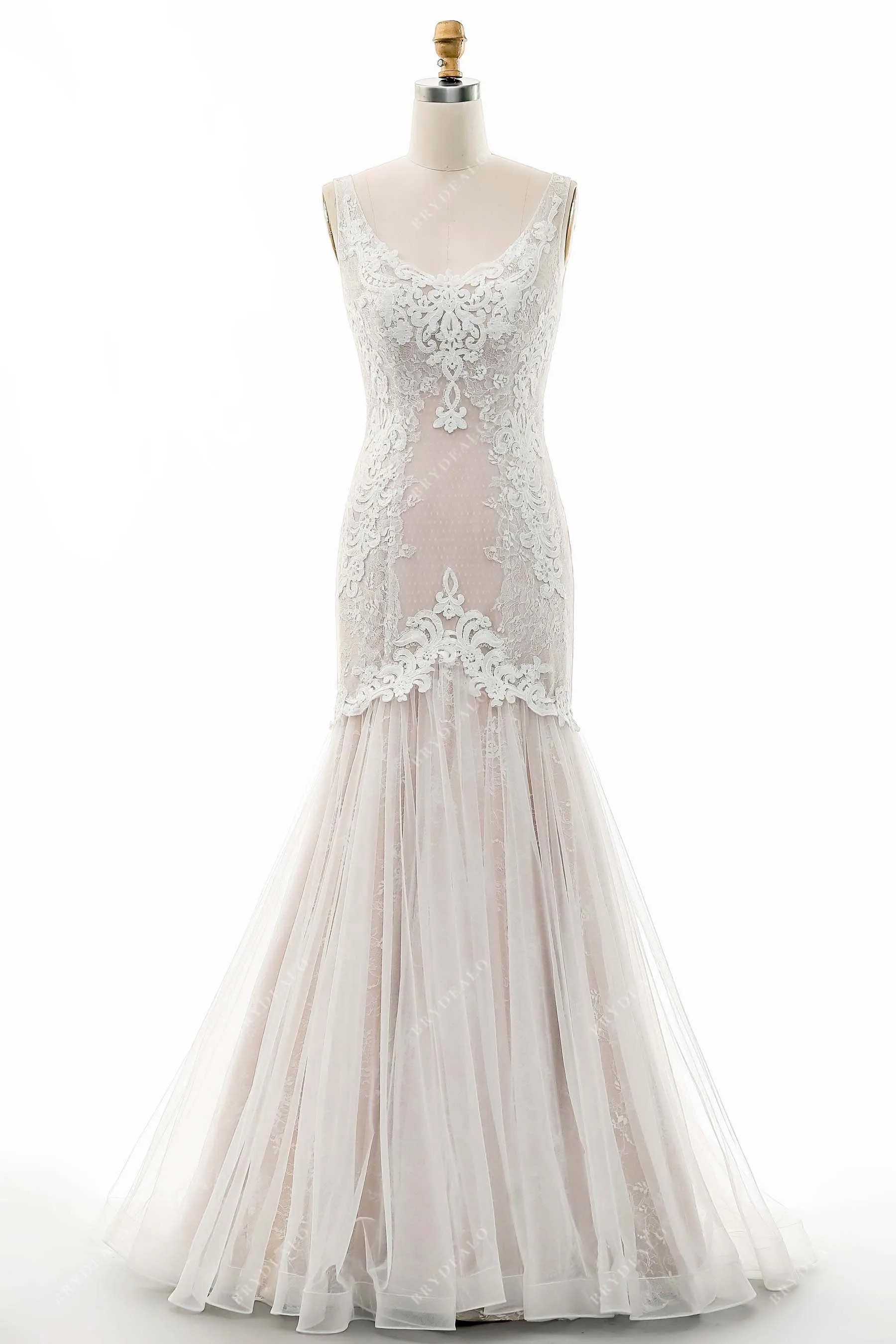 Elegant Scoop Neck Beaded Lace Nude Mermaid Bridal Gown