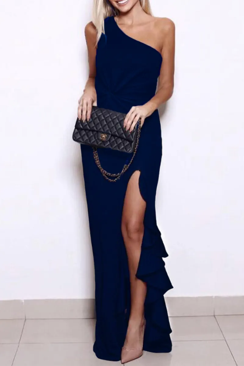 Elegant Solid Flounce Slit One Shoulder Evening Dress Dresses