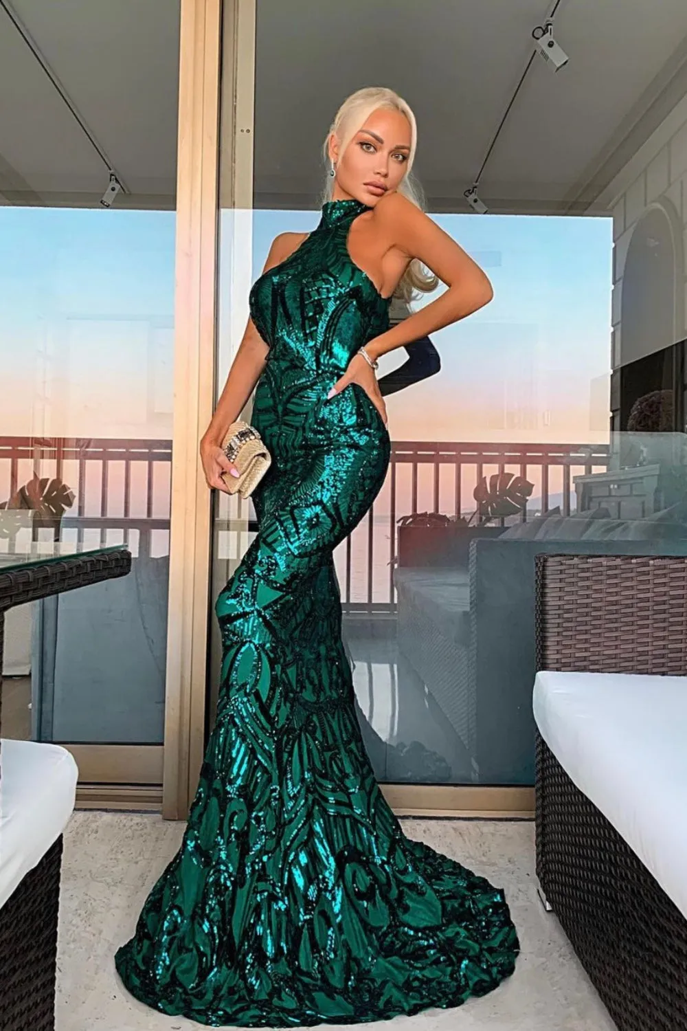 Envy Emerald Green Vip Luxe Illusion Sequin Embellished Fishtail Dress