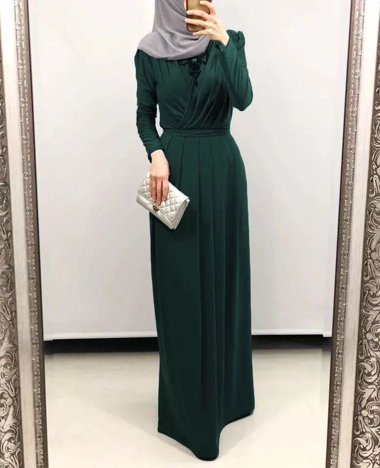 European And American New Style Abaya Dress V-neck Folds And Mopping Floor Skirt