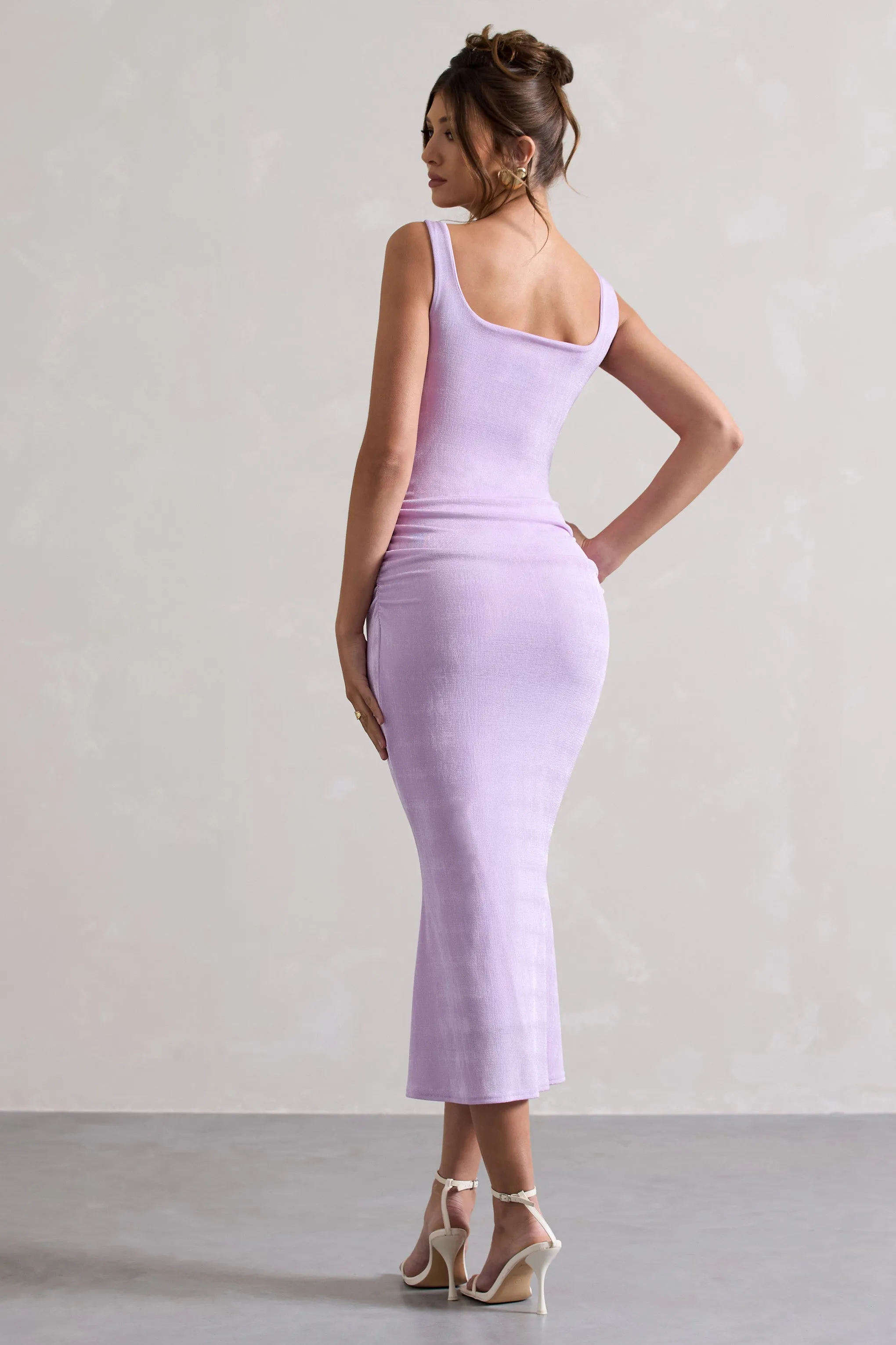 Evora | Lilac Ruched Square-Neck Fishtail Midi Dress