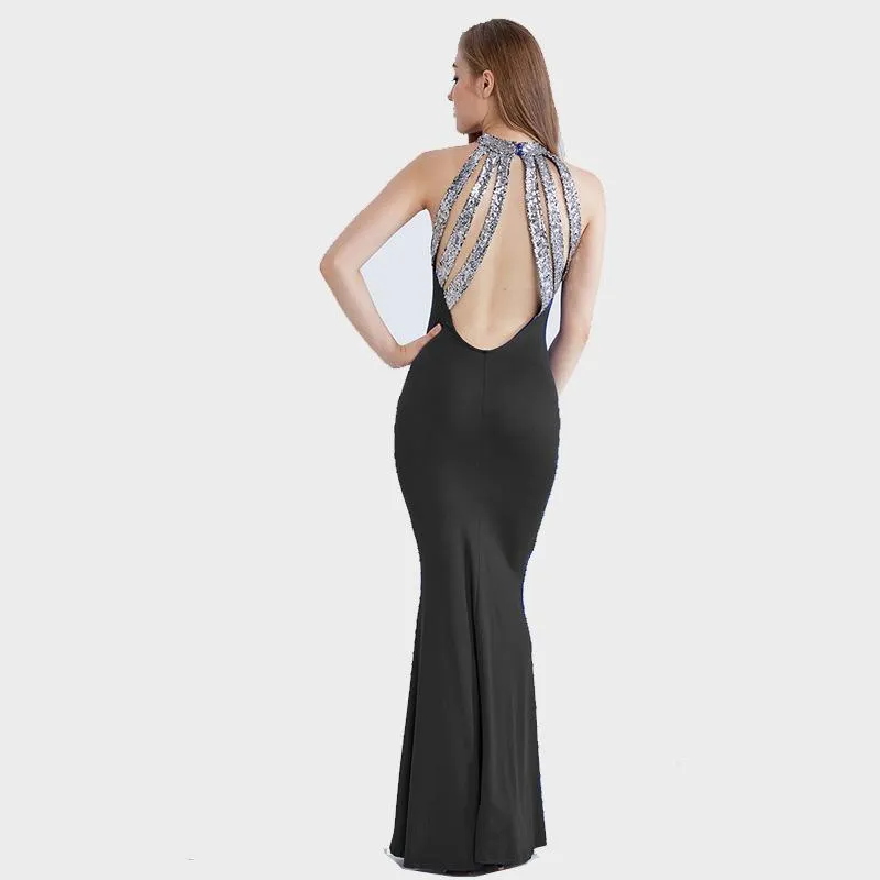 Fashion Sequins Sexy Backless Hanging Neck Fishtail Evening Dress