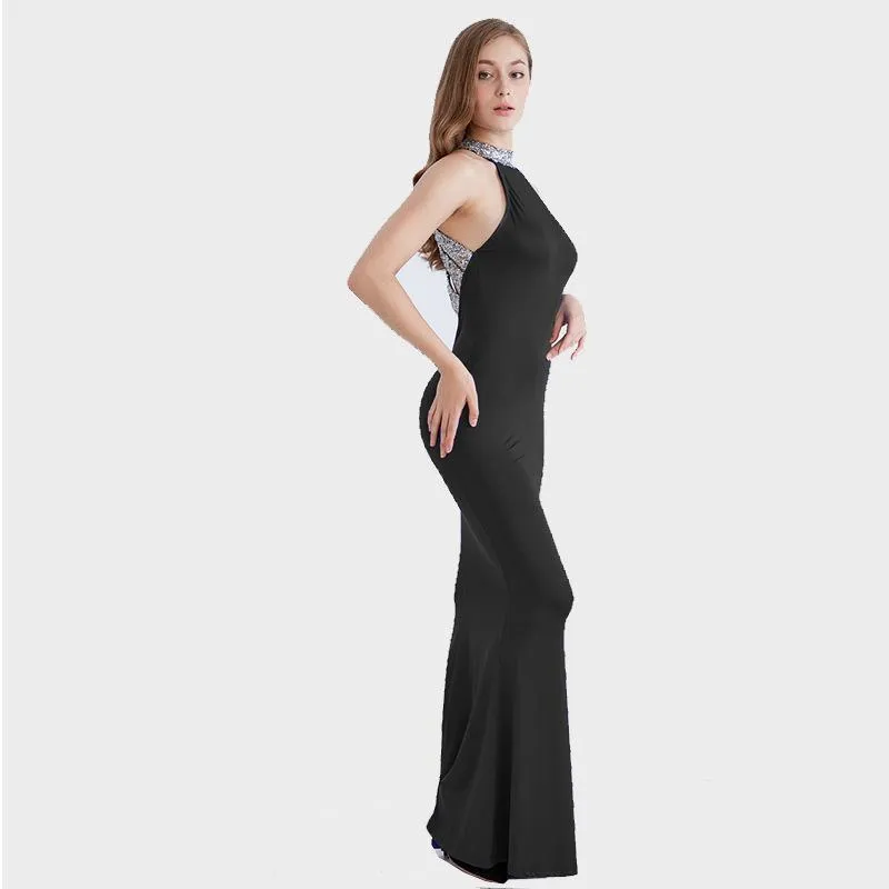 Fashion Sequins Sexy Backless Hanging Neck Fishtail Evening Dress