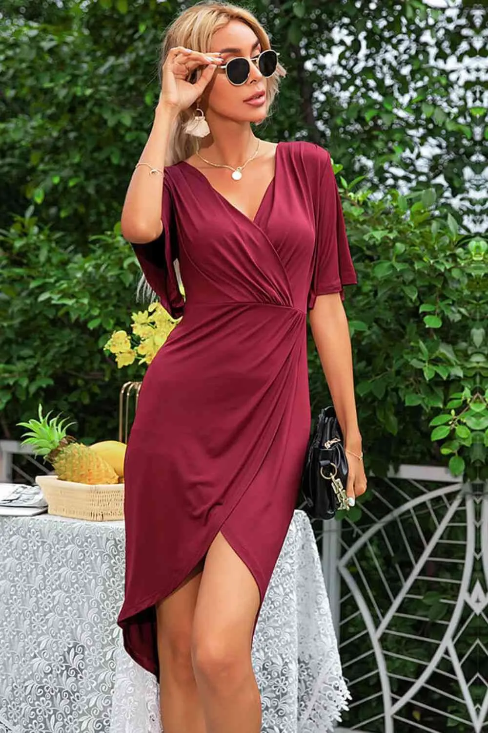 Flare Sleeve Surplice Tulip Hem Dress