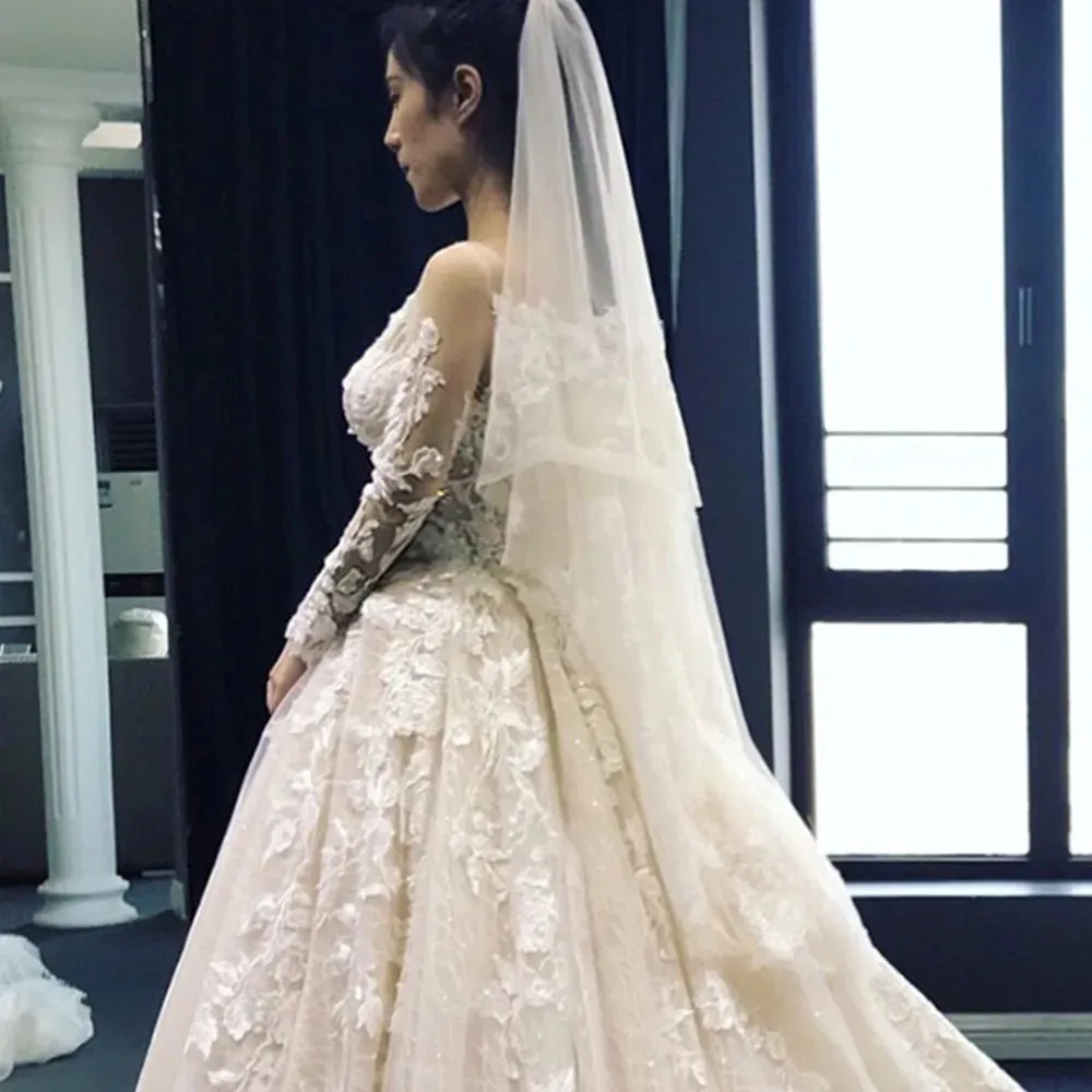 Full Sleeve A-Line Wedding Dress Long Train Beaded Appliques A-line Bridal Gown