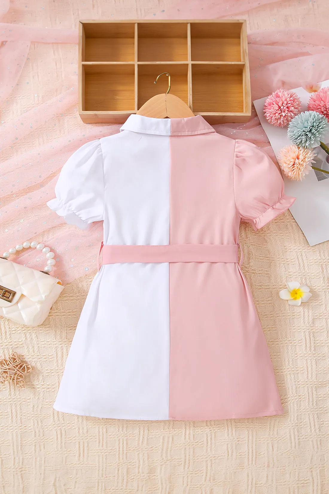 Girls Two-Tone Belted Shirt Dress