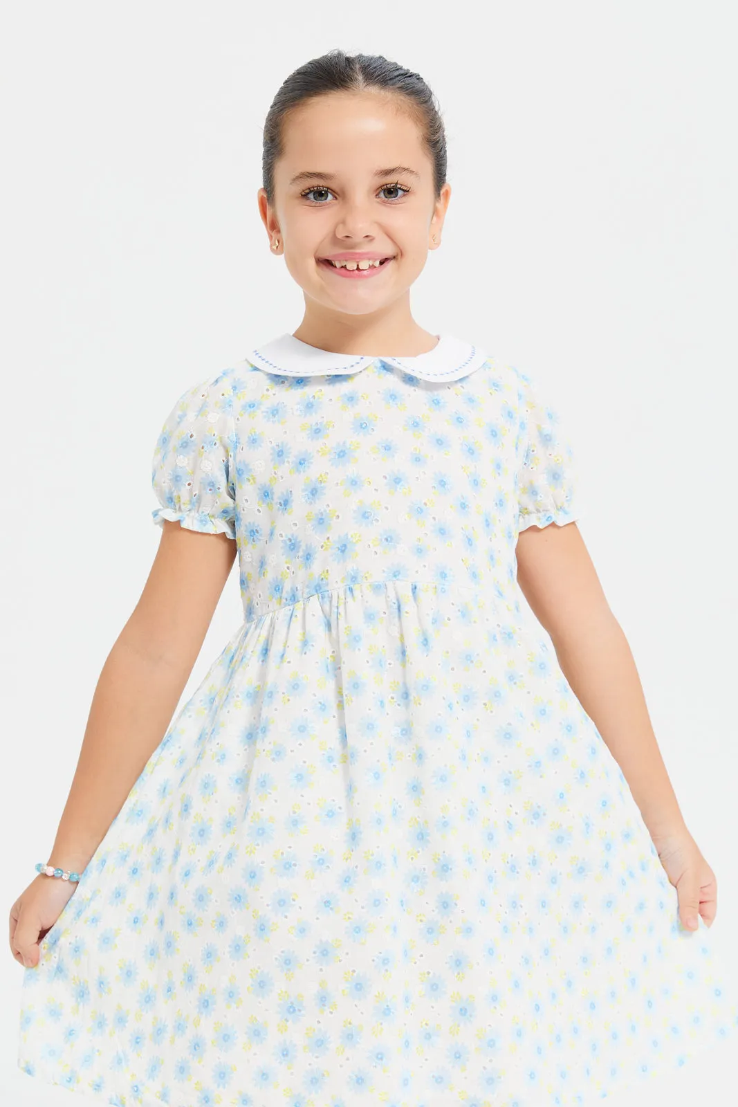 Girls White Printed Peter Pan Collar Dress