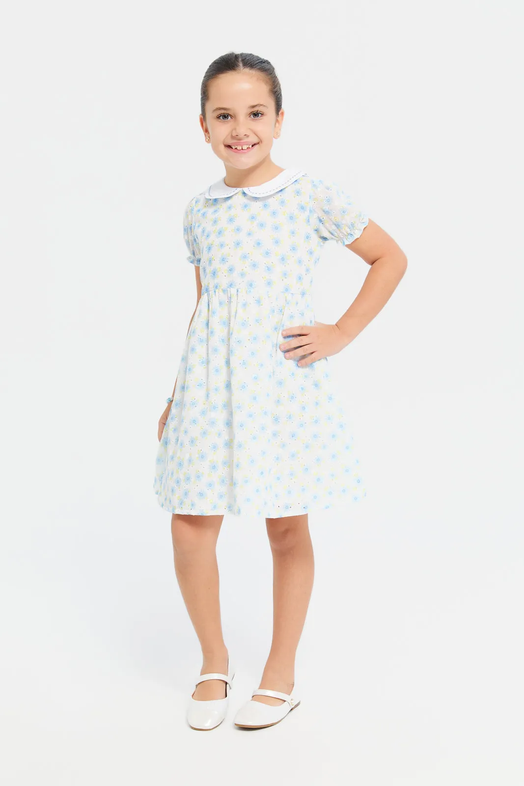 Girls White Printed Peter Pan Collar Dress