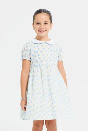 Girls White Printed Peter Pan Collar Dress