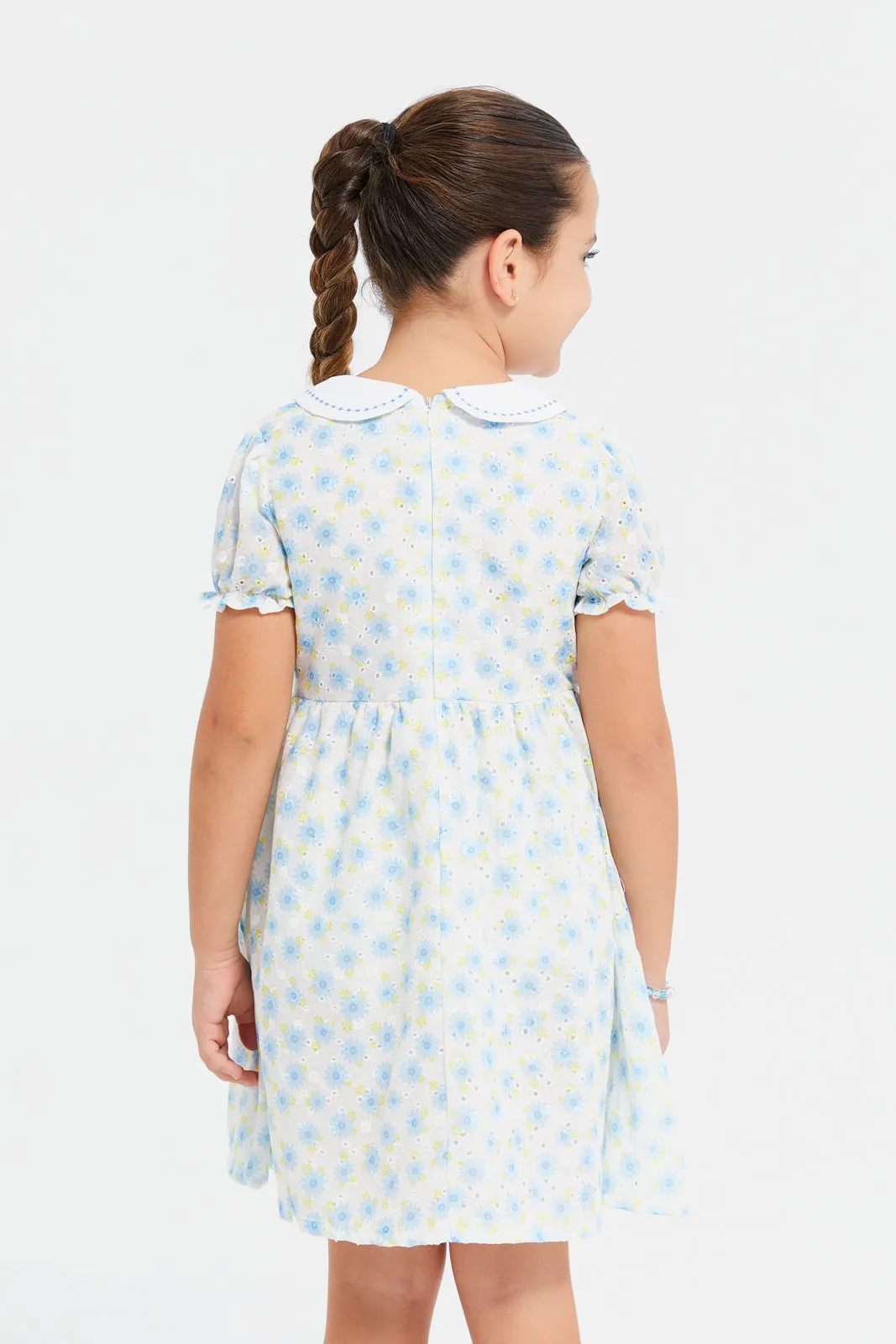 Girls White Printed Peter Pan Collar Dress