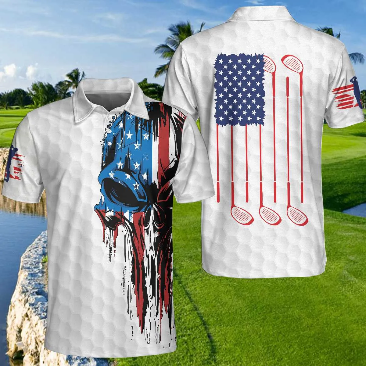 Golf American Flag Polo Shirt, Patriot White Golf Pattern Wet Paint Skull Polo Shirt, Patriotic Golf Shirt For Men Coolspod