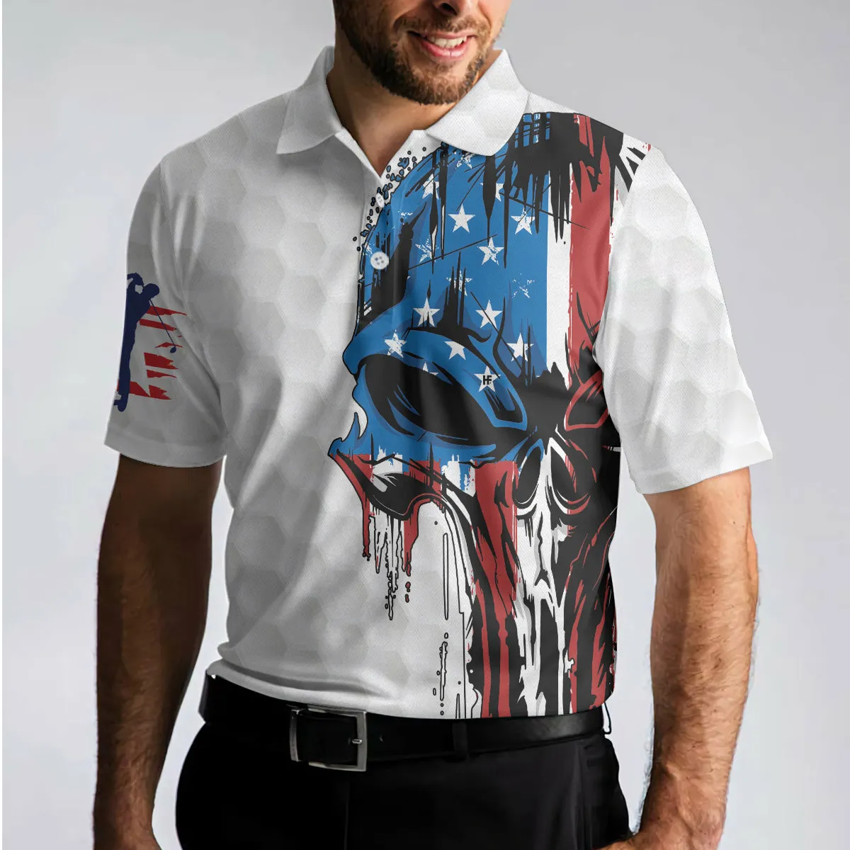 Golf American Flag Polo Shirt, Patriot White Golf Pattern Wet Paint Skull Polo Shirt, Patriotic Golf Shirt For Men Coolspod