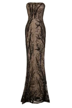 Harmony Luxe Tree Black Nude Sequin Leaf Mermaid Fishtail Dress