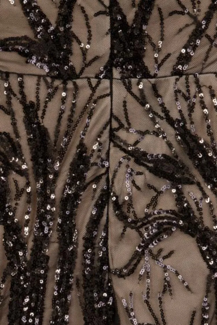 Harmony Luxe Tree Black Nude Sequin Leaf Mermaid Fishtail Dress