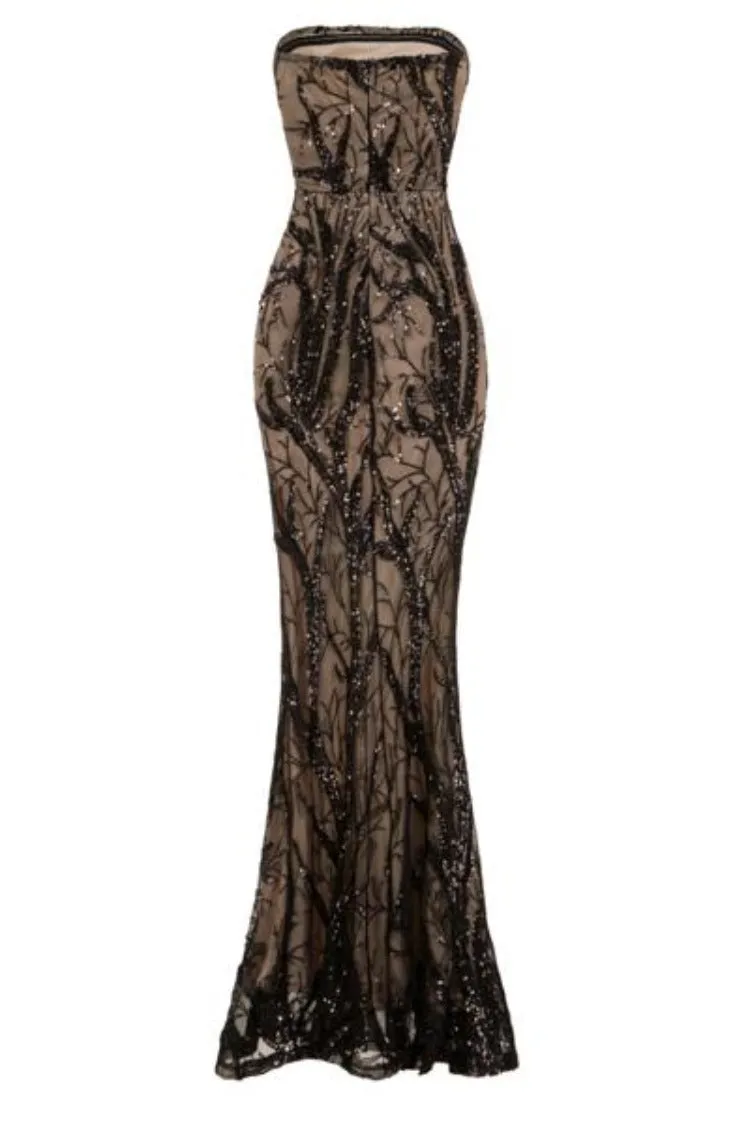 Harmony Luxe Tree Black Nude Sequin Leaf Mermaid Fishtail Dress