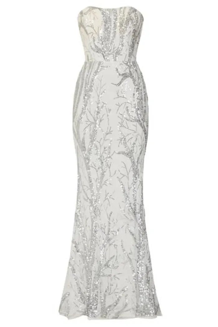 Harmony Luxe Tree White Silver Sequin Leaf Mermaid Fishtail Dress