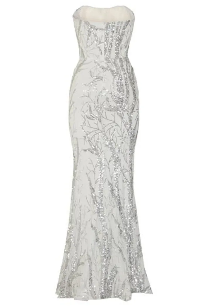 Harmony Luxe Tree White Silver Sequin Leaf Mermaid Fishtail Dress