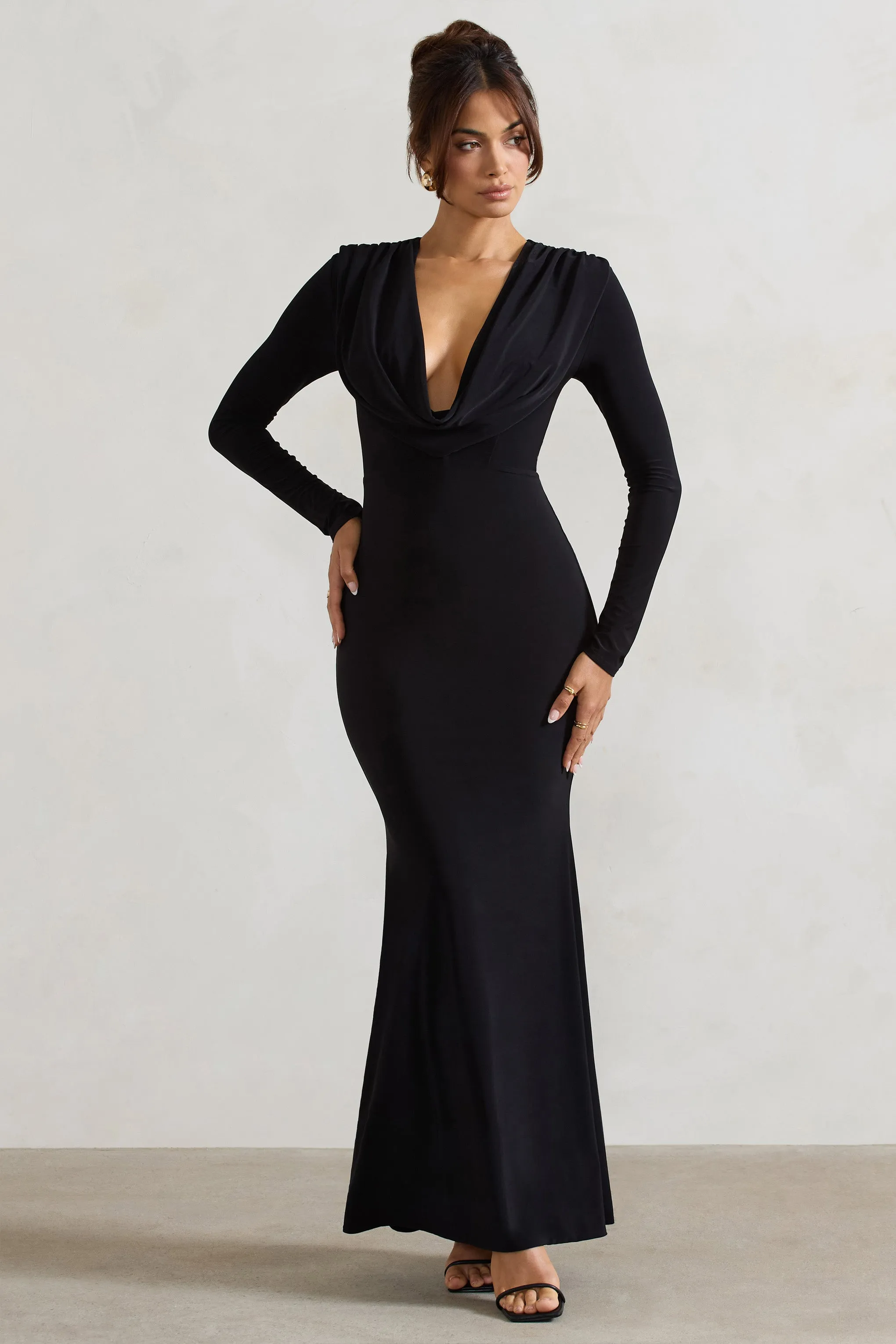 Heavy Heart | Black Cowl-Neck Long-Sleeve Maxi Dress