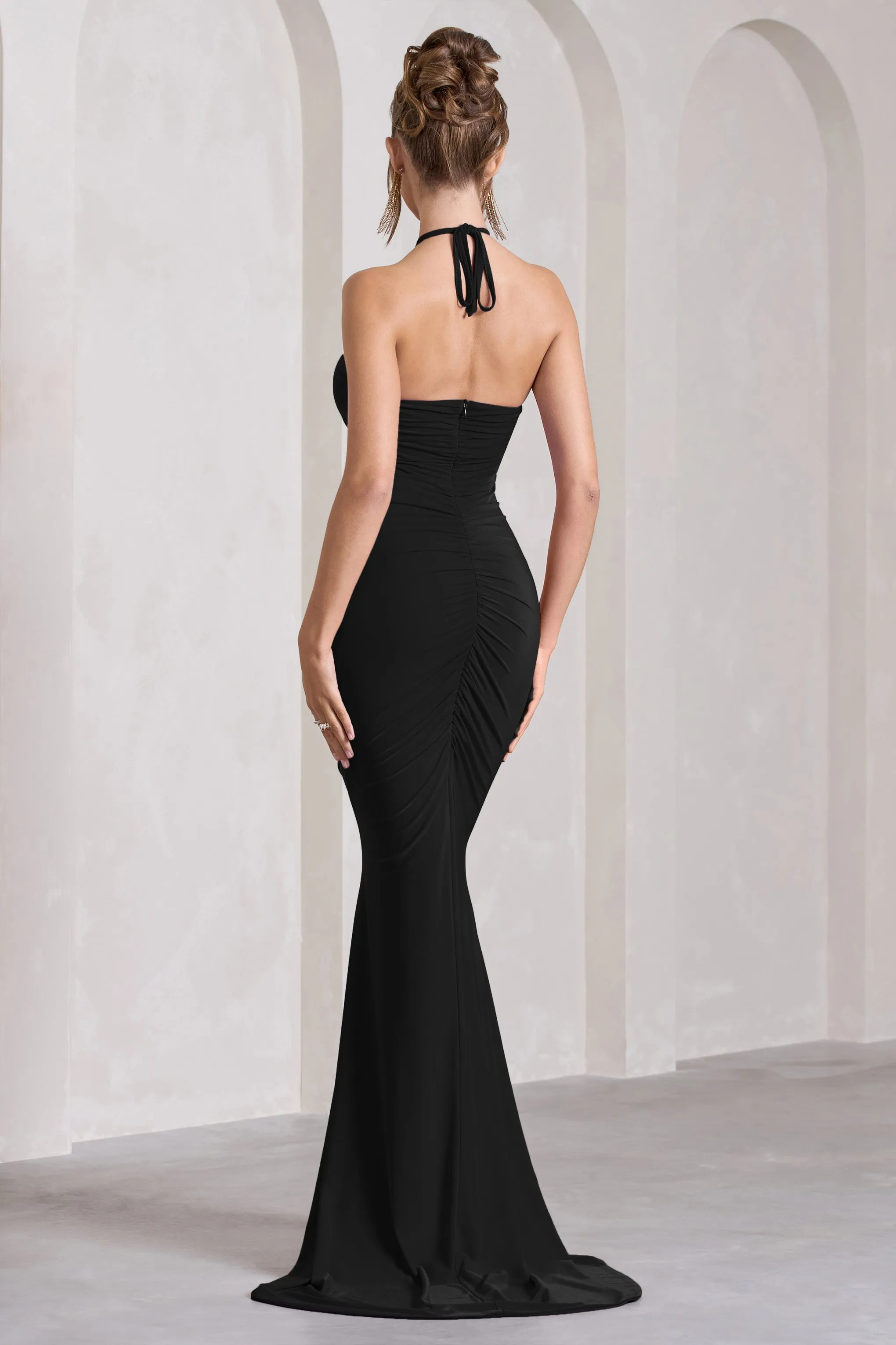 Holly | Black Ruched Halter-Neck Split Fishtail Maxi Dress