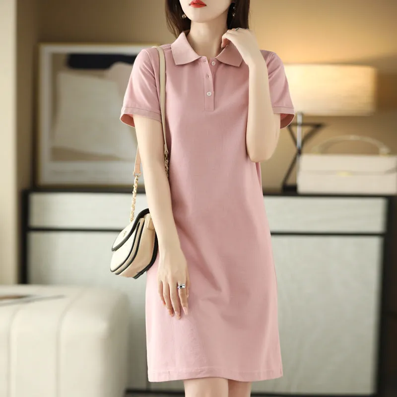 IKEARLAX Polo Collar Mid-Length Dress Women's Summer New Casual All-Matching A- line Skirt Simple Elegant Thin Lapels Skirt