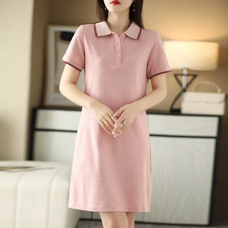 IKEARLAX Polo Collar Mid-Length Dress Women's Summer New Casual All-Matching A- line Skirt Simple Elegant Thin Lapels Skirt