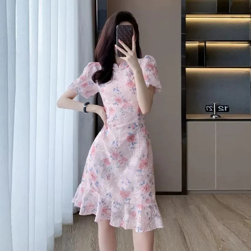 IKERRLAX National Style New Chinese Style Pink Cheongsam Improved Young Girls' Retro Elegant Fishtail Dress  New Women's