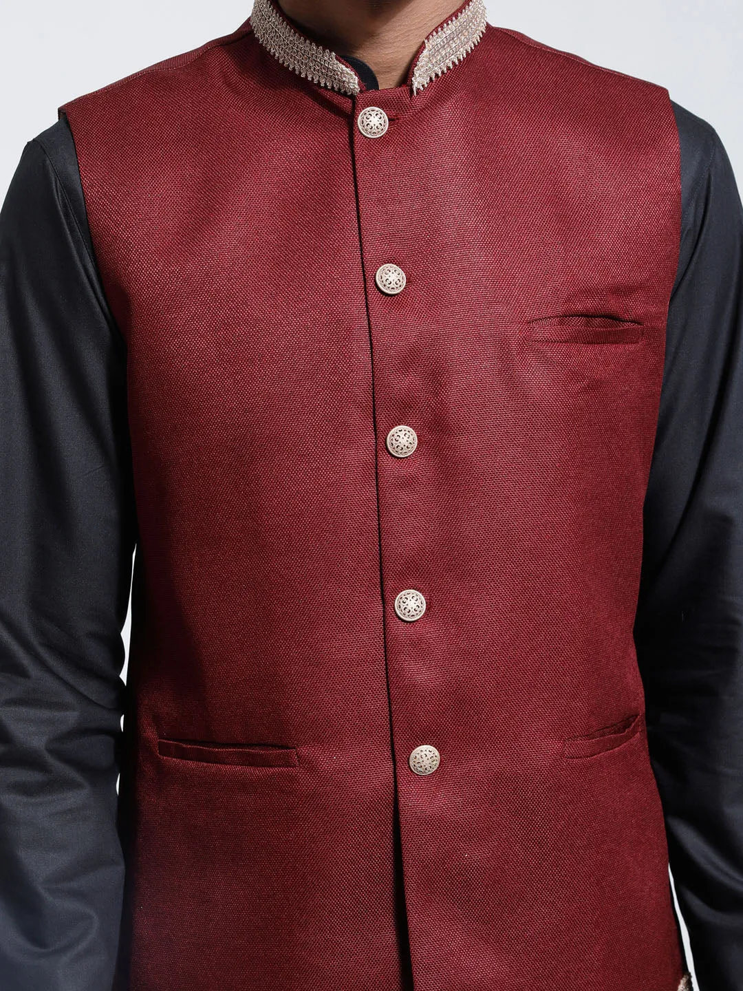 Jashvi Men's Maroon Jute Nehru Jacket