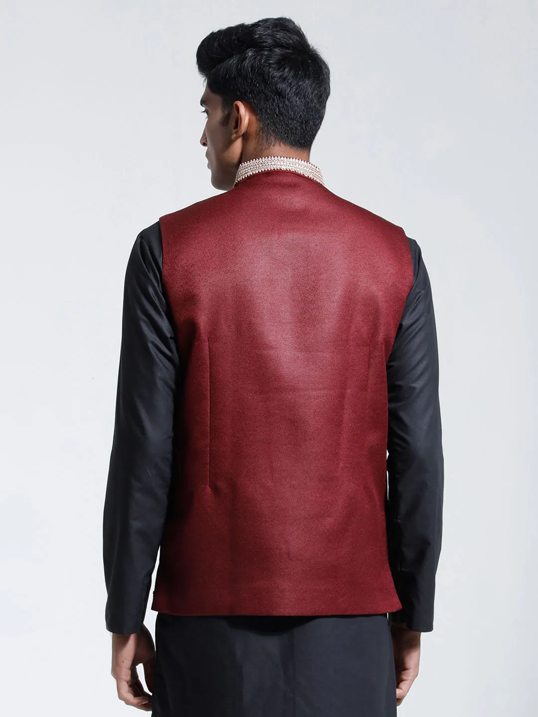 Jashvi Men's Maroon Jute Nehru Jacket