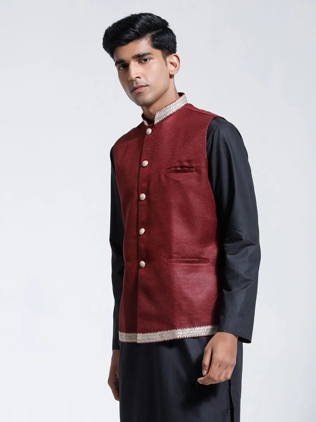 Jashvi Men's Maroon Jute Nehru Jacket