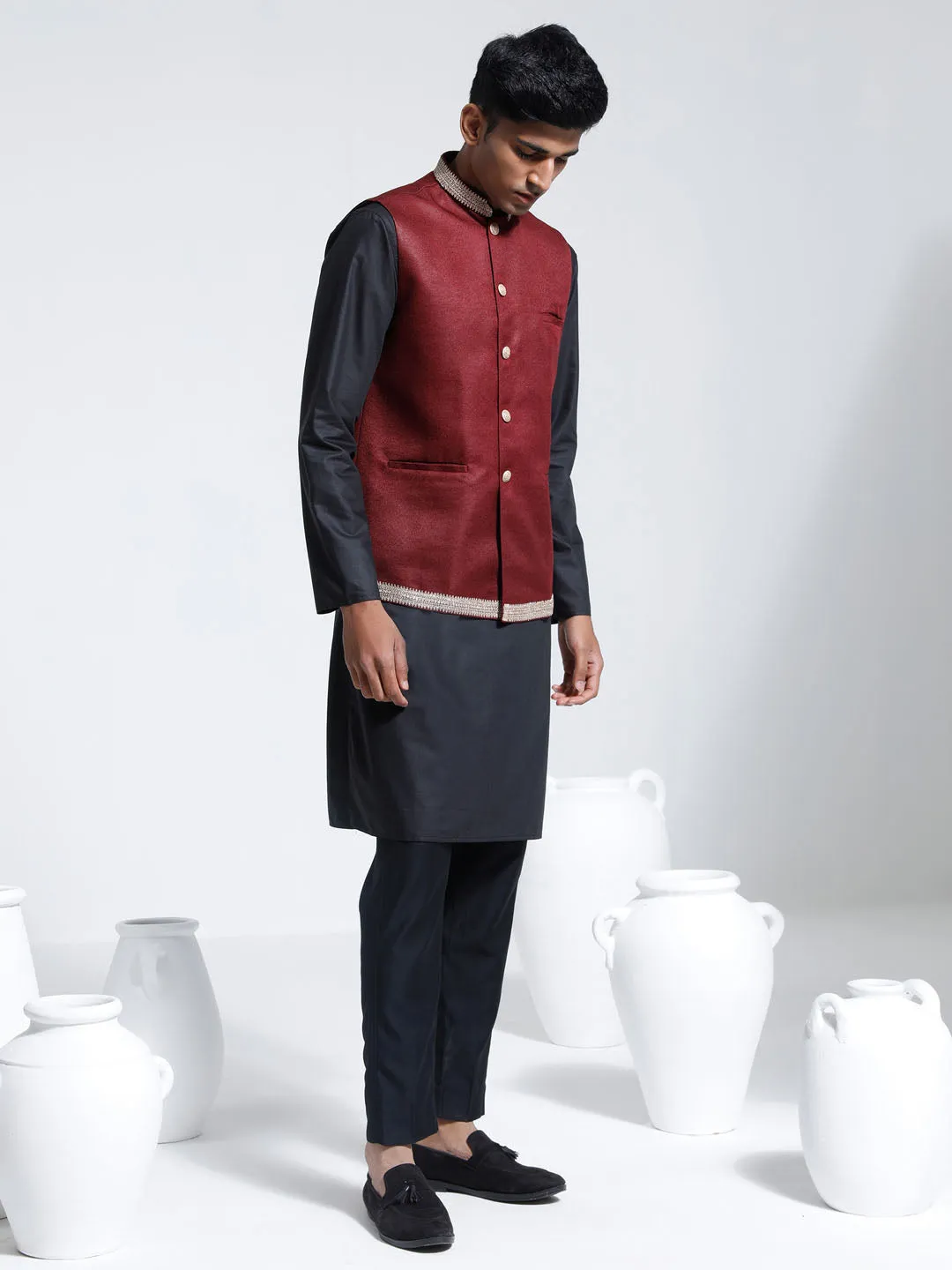 Jashvi Men's Maroon Jute Nehru Jacket