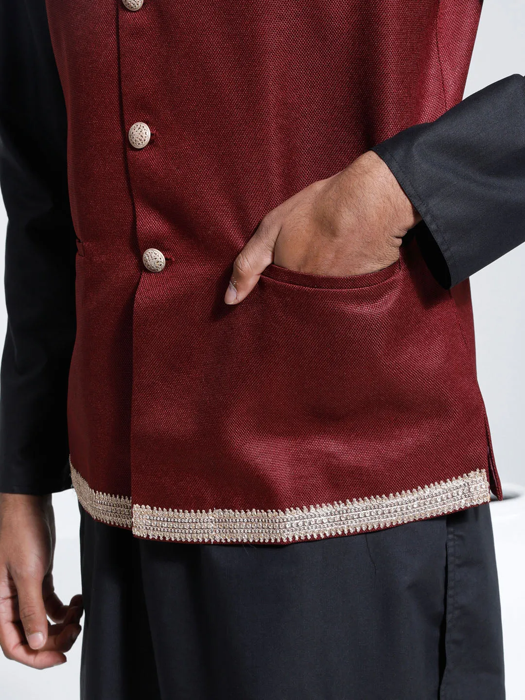 Jashvi Men's Maroon Jute Nehru Jacket