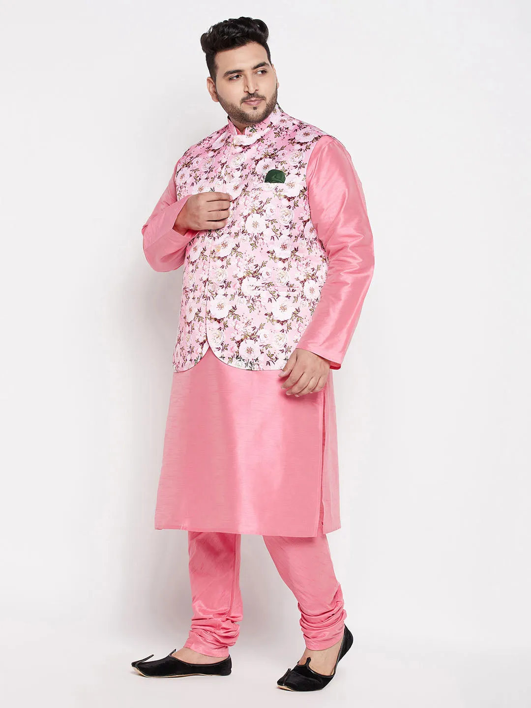 Jashvi Men's Plus Size Pink Floral printed Jacket With Pink Solid Kurta Pyjama Set