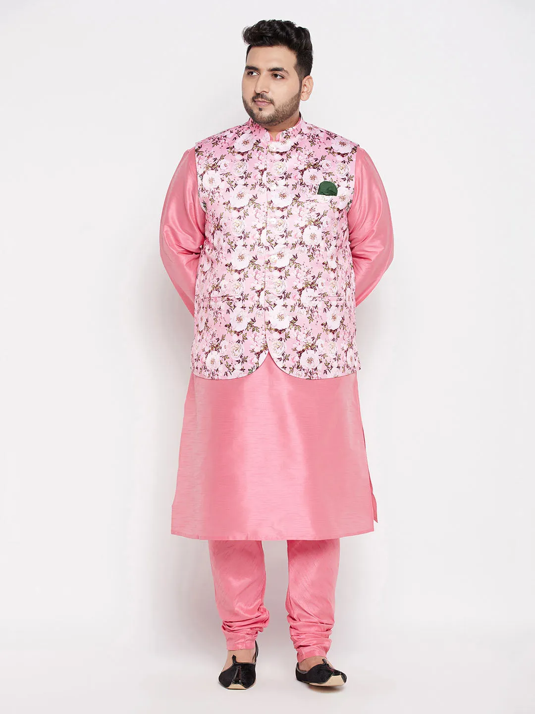 Jashvi Men's Plus Size Pink Floral printed Jacket With Pink Solid Kurta Pyjama Set