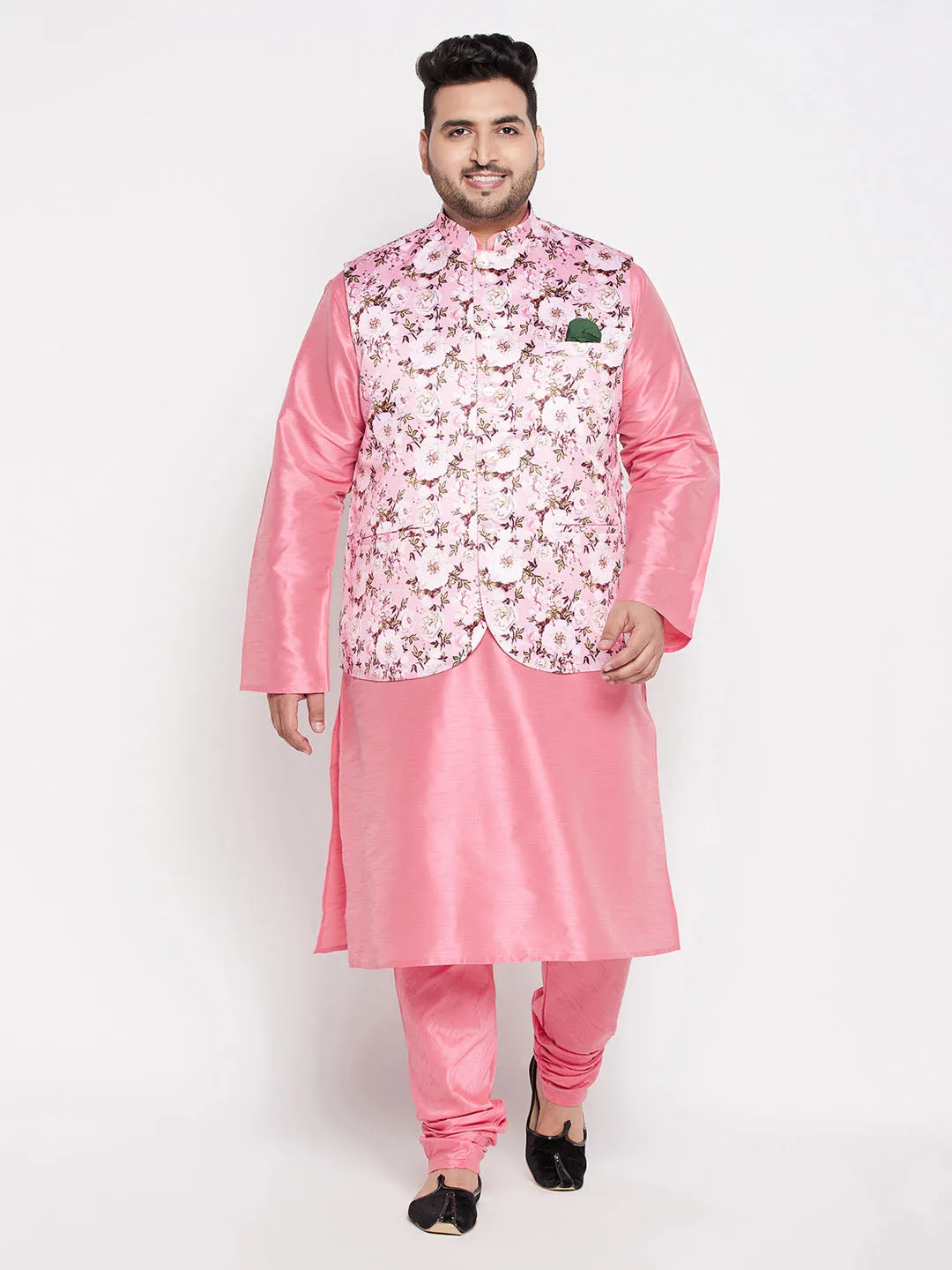 Jashvi Men's Plus Size Pink Floral printed Jacket With Pink Solid Kurta Pyjama Set