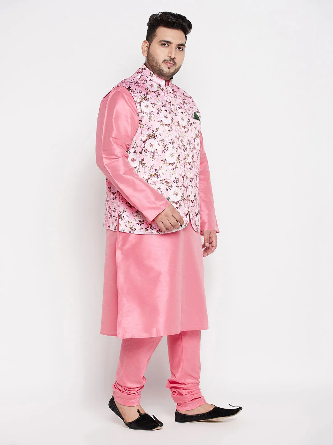 Jashvi Men's Plus Size Pink Floral printed Jacket With Pink Solid Kurta Pyjama Set