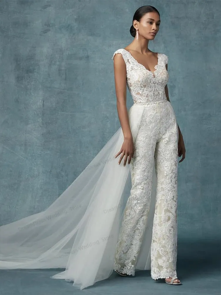 Jumpsuit Wedding Dress With Detachable Train Bride Pants Suit Lace Bridal Outfit