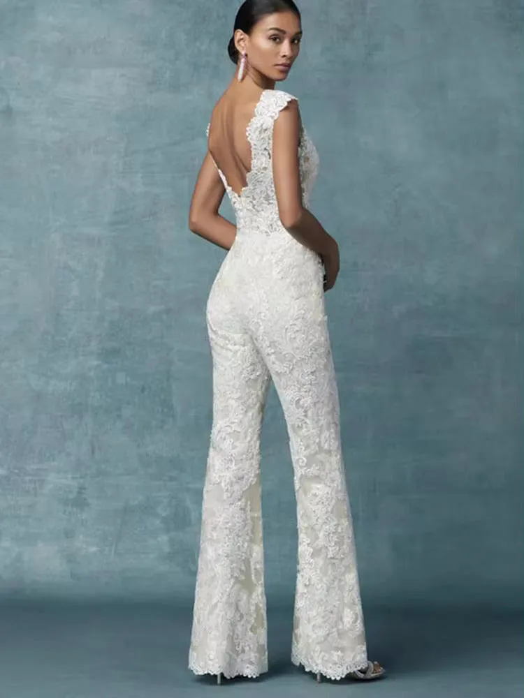 Jumpsuit Wedding Dress With Detachable Train Bride Pants Suit Lace Bridal Outfit