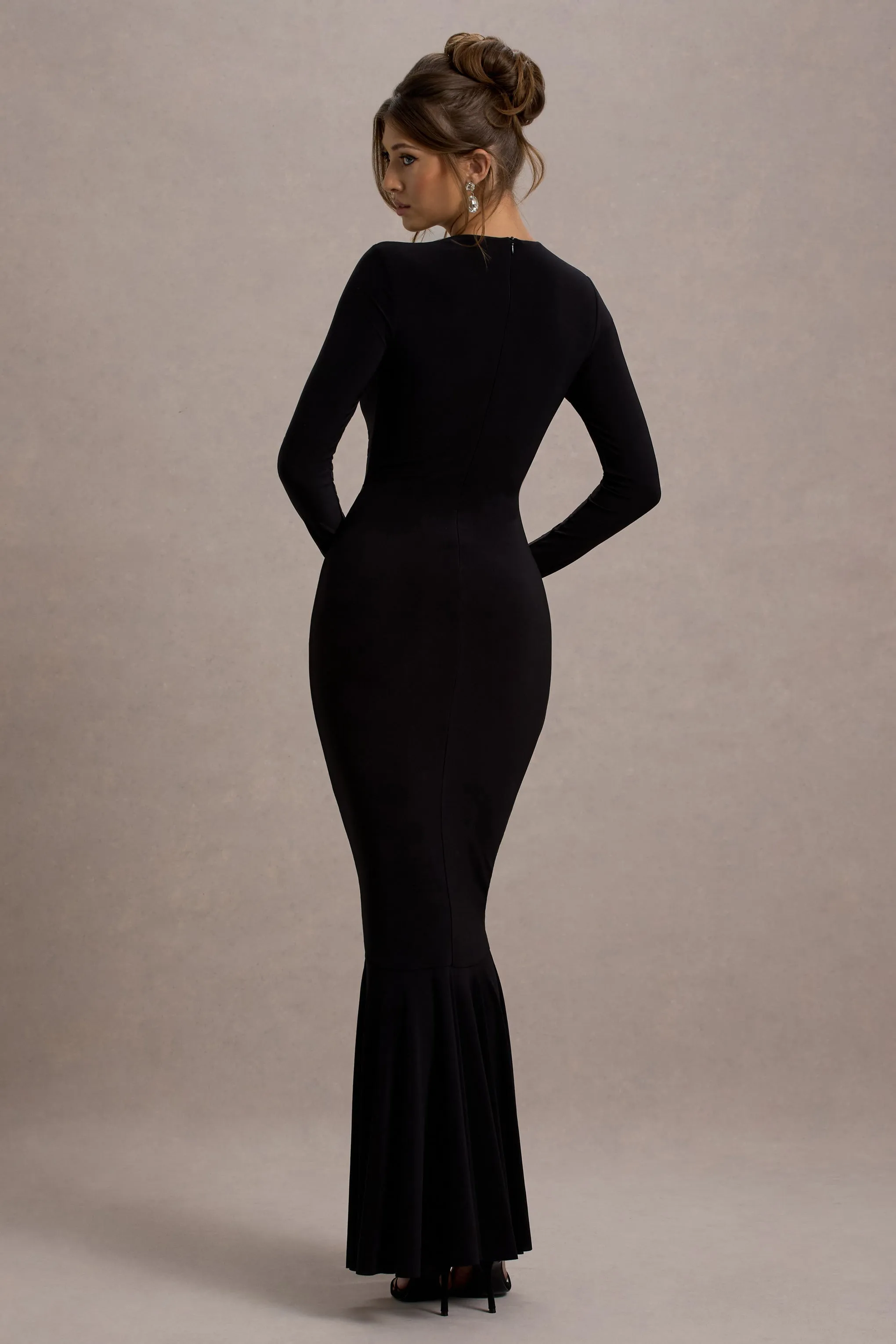 Kalilah | Black Long-Sleeve Ruched Fishtail Maxi Dress