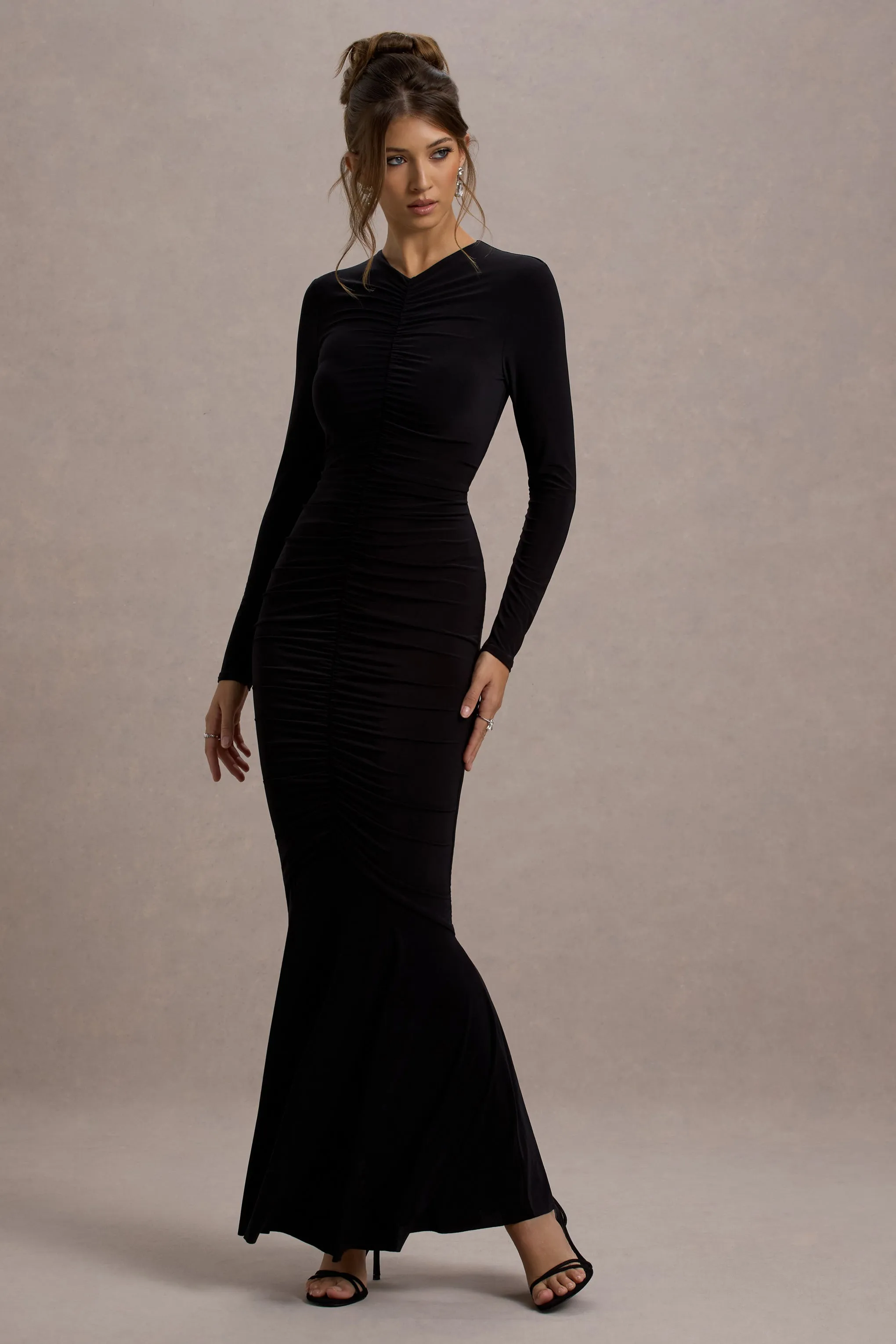 Kalilah | Black Long-Sleeve Ruched Fishtail Maxi Dress