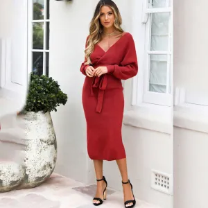 Knitted Slim-fit V-neck Sweater Dress