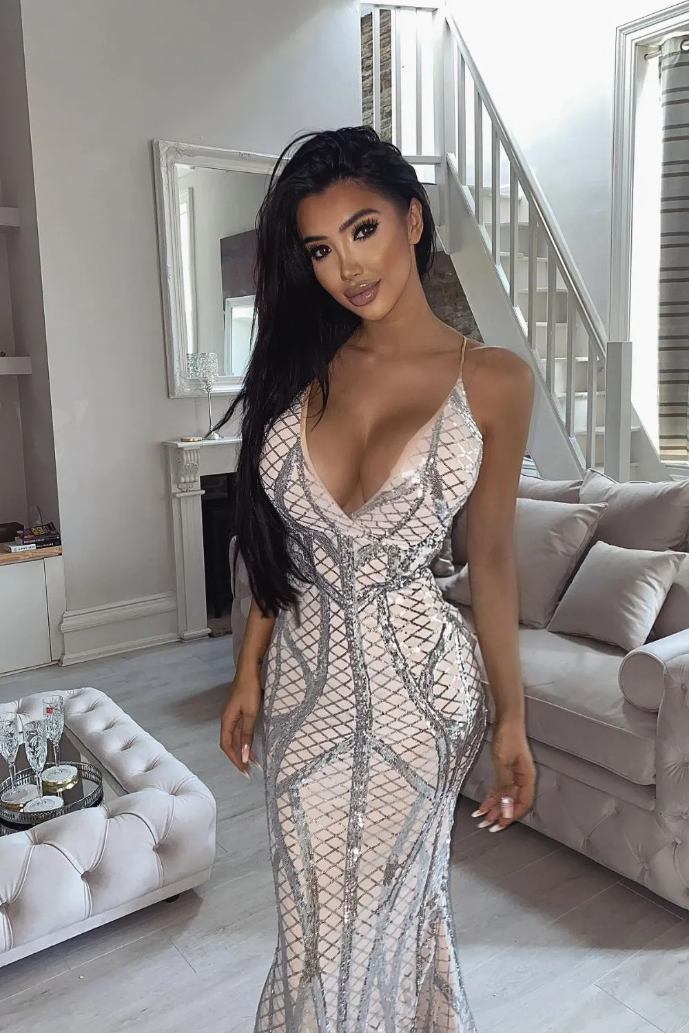 Last Dance Silver Nude Plunge Cage Sequin Bandage Illusion Fishtail Dress