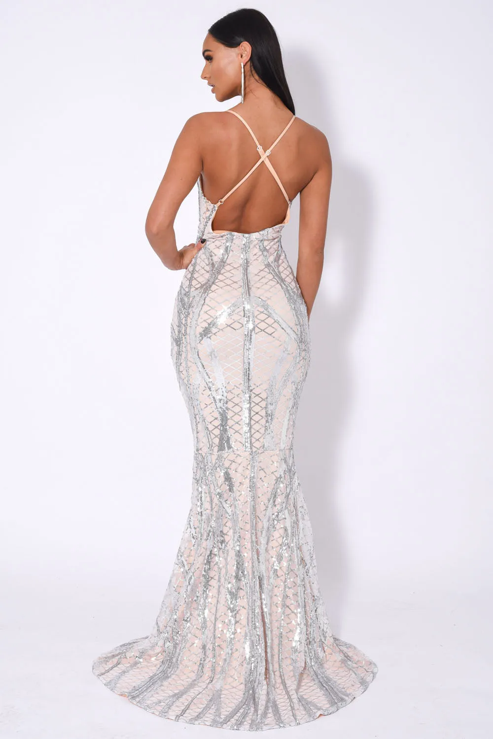 Last Dance Silver Nude Plunge Cage Sequin Bandage Illusion Fishtail Dress