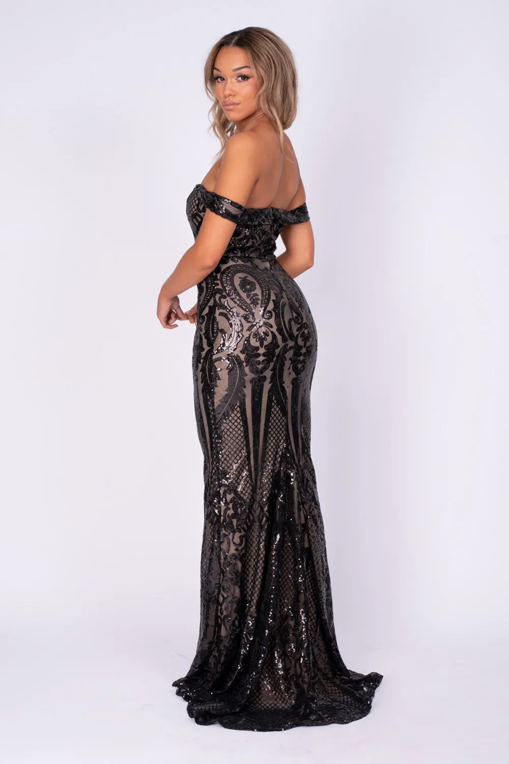 Layali Black Nude Bardot Sweetheart Sequin Embellished Maxi Fishtail Dress