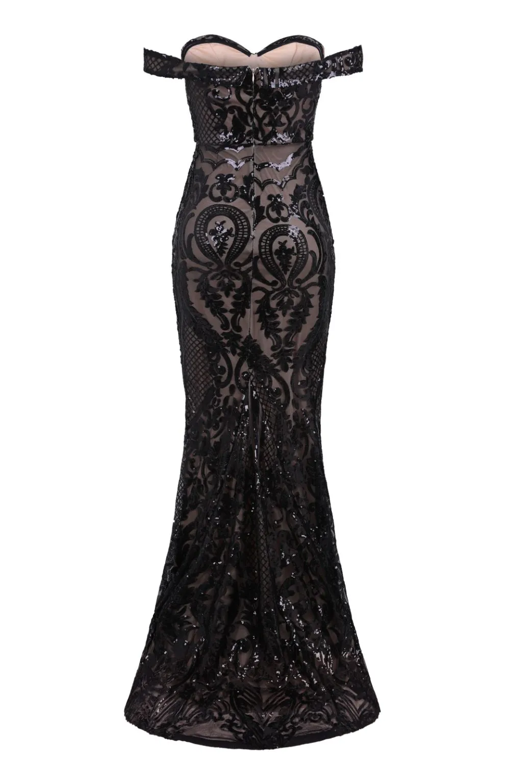 Layali Black Nude Bardot Sweetheart Sequin Embellished Maxi Fishtail Dress