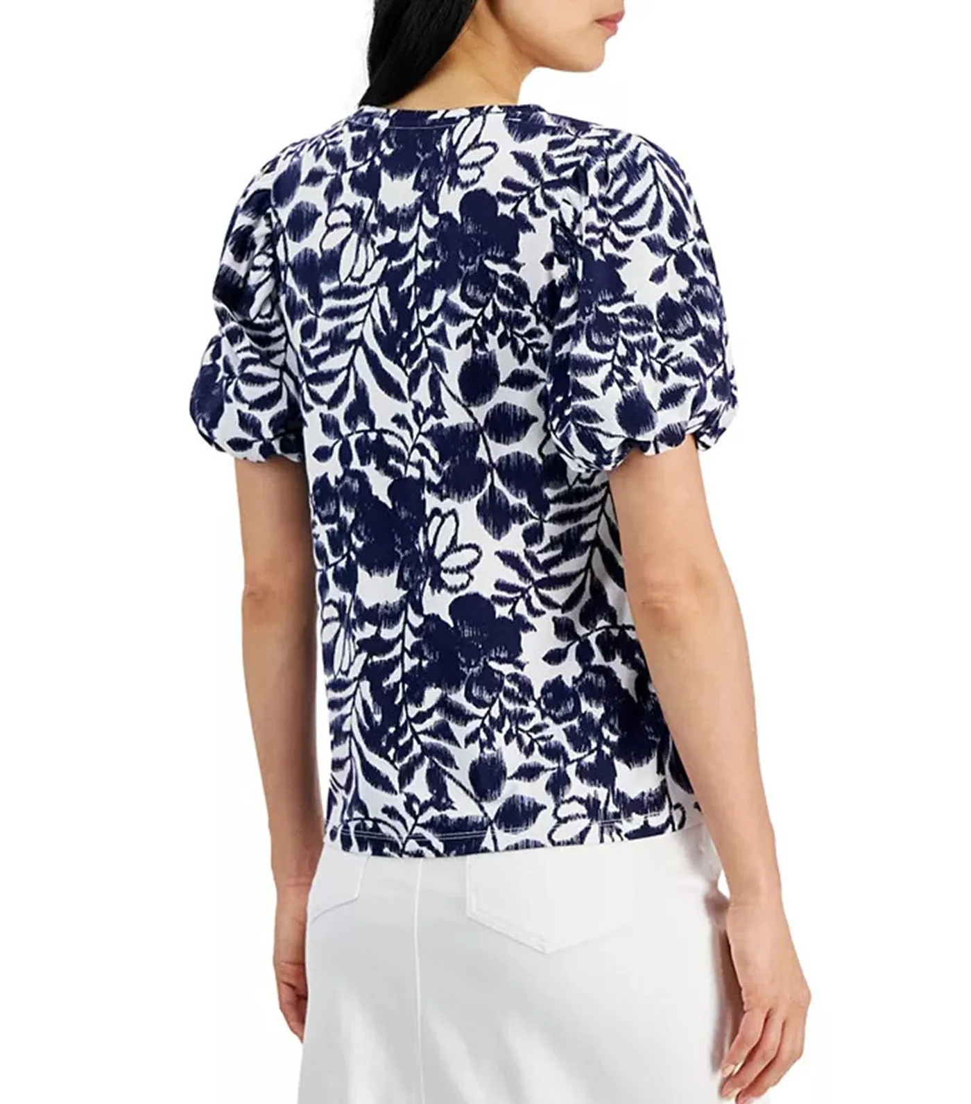 Leaf-Print Balloon-Sleeve Top Distant Mountain/Bright White