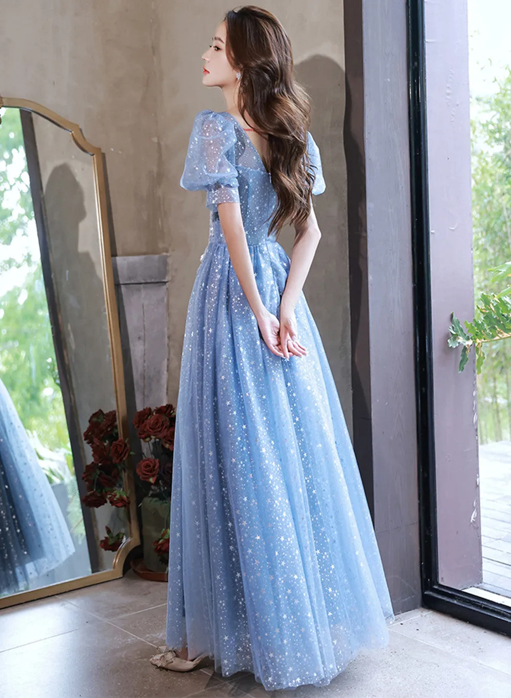 Light Blue Tulle A-line Floor Length Formal Dress, Light Blue Evening Dress Party Dress