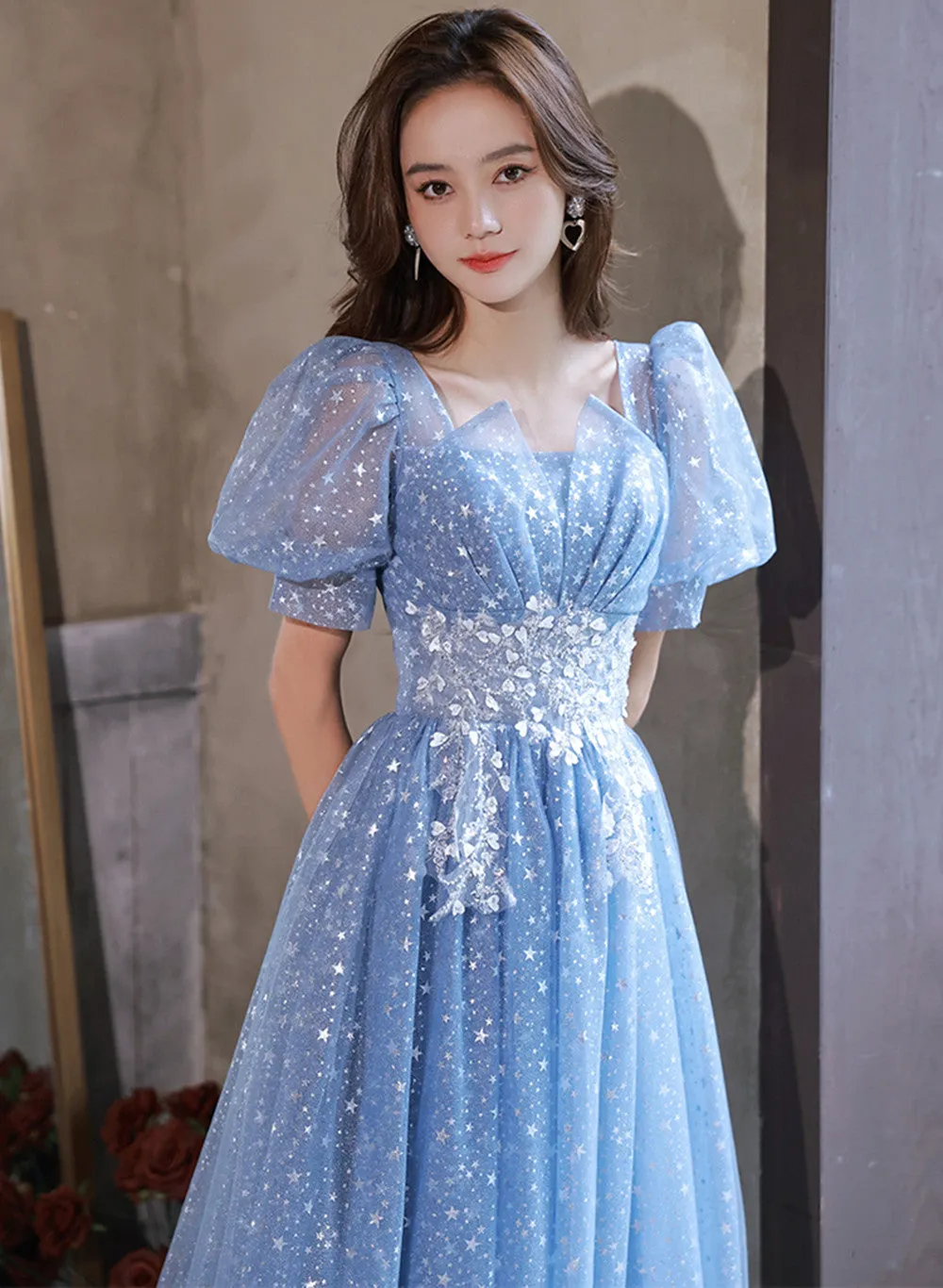 Light Blue Tulle A-line Floor Length Formal Dress, Light Blue Evening Dress Party Dress