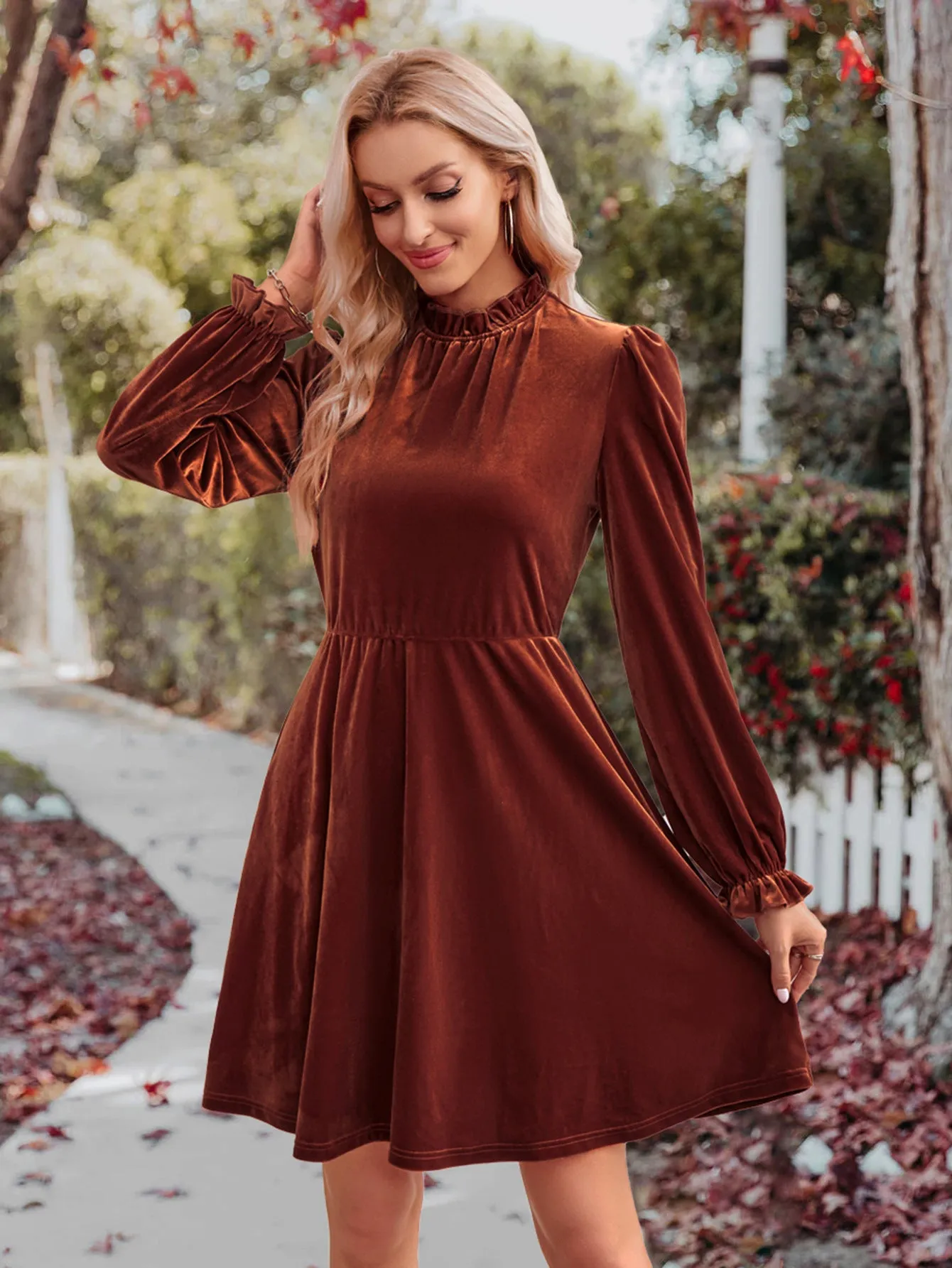 Long Sleeve Casual High Neck Velvet Solid Color Cinched Waist Dress