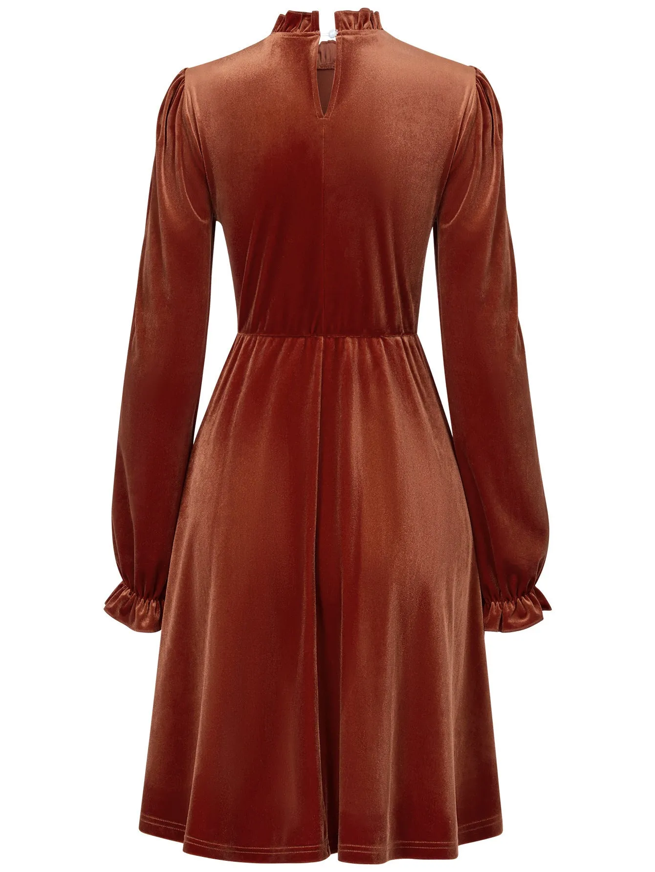 Long Sleeve Casual High Neck Velvet Solid Color Cinched Waist Dress