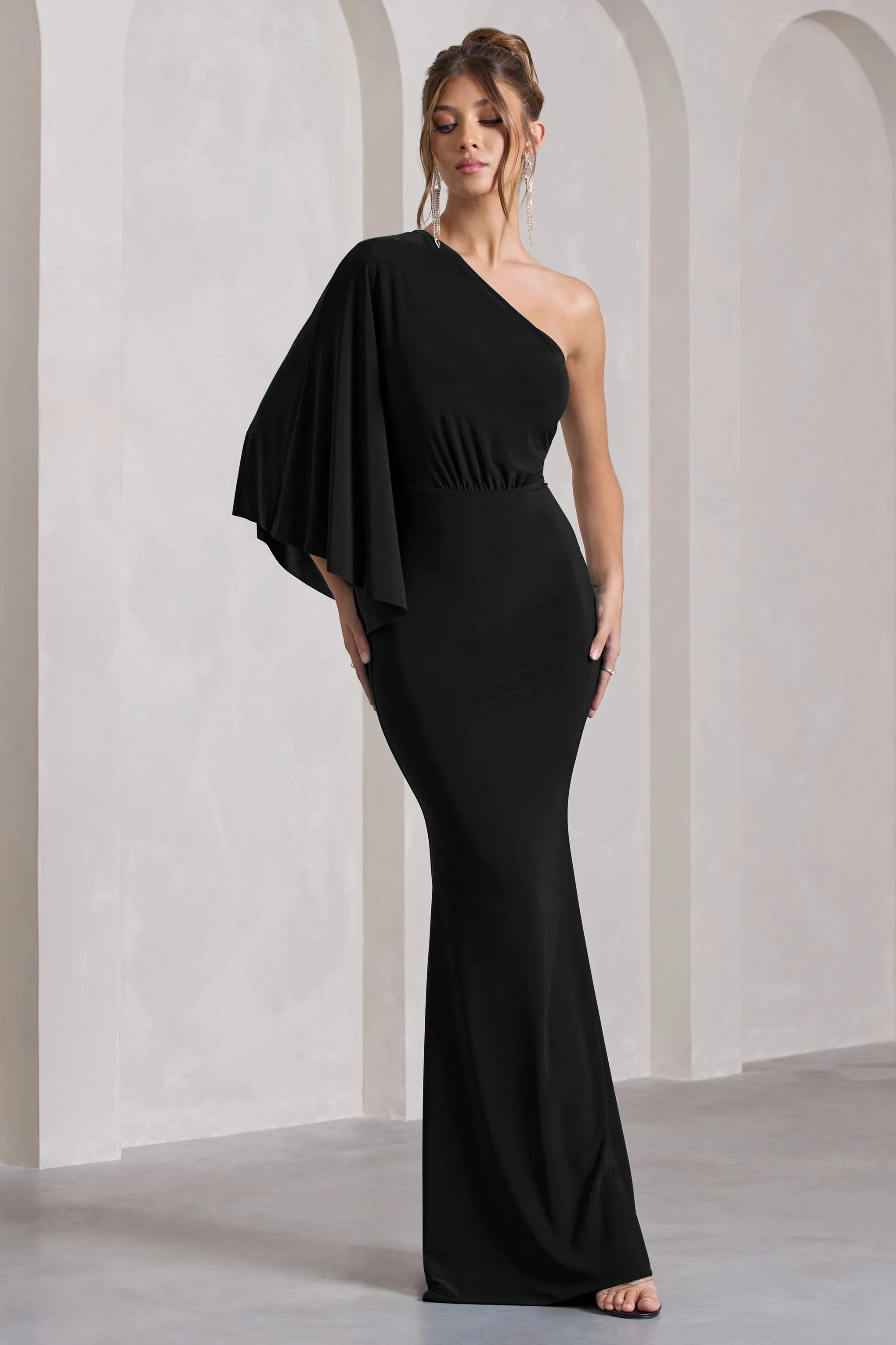 Luciana | Black One Shoulder Drape Sleeve Maxi Dress